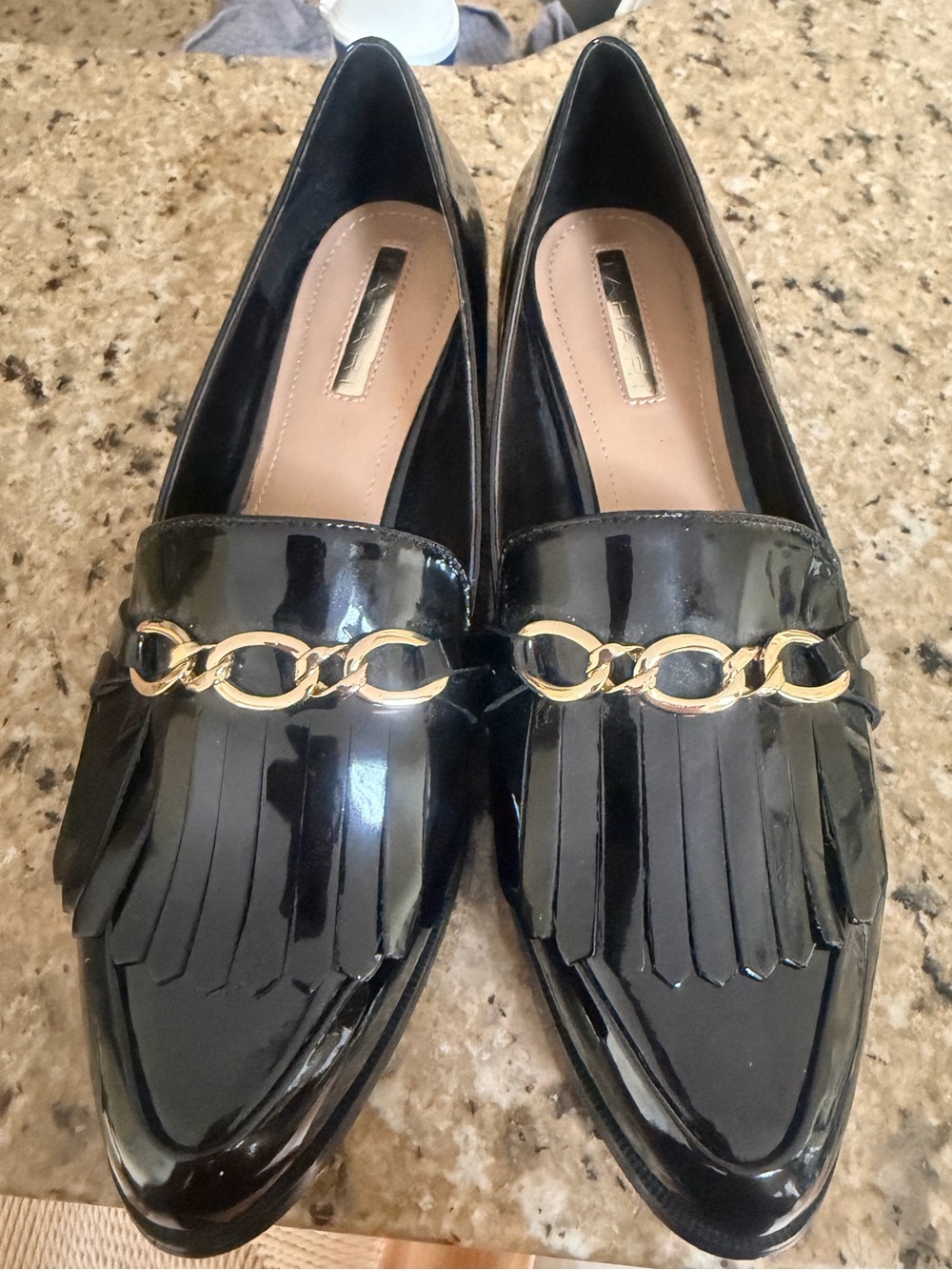 Tahari Lively Black Patent Fringe Loafers with Gold Chain